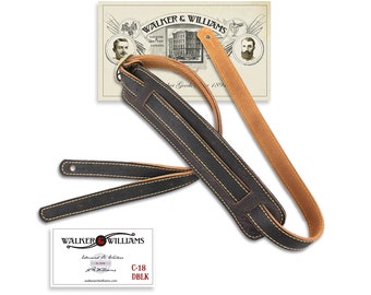 Walker And Williams C-18-DBLK Distressed Black Finish Signature Grain Leather Vintage Guitar Strap For Acoustic, Electric, And Bass Guitars