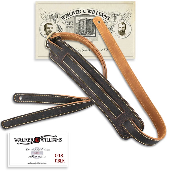 Walker And Williams C-18-DBLK Distressed Black Finish Signature Grain Leather Vintage Guitar Strap For Acoustic, Electric, And Bass Guitars