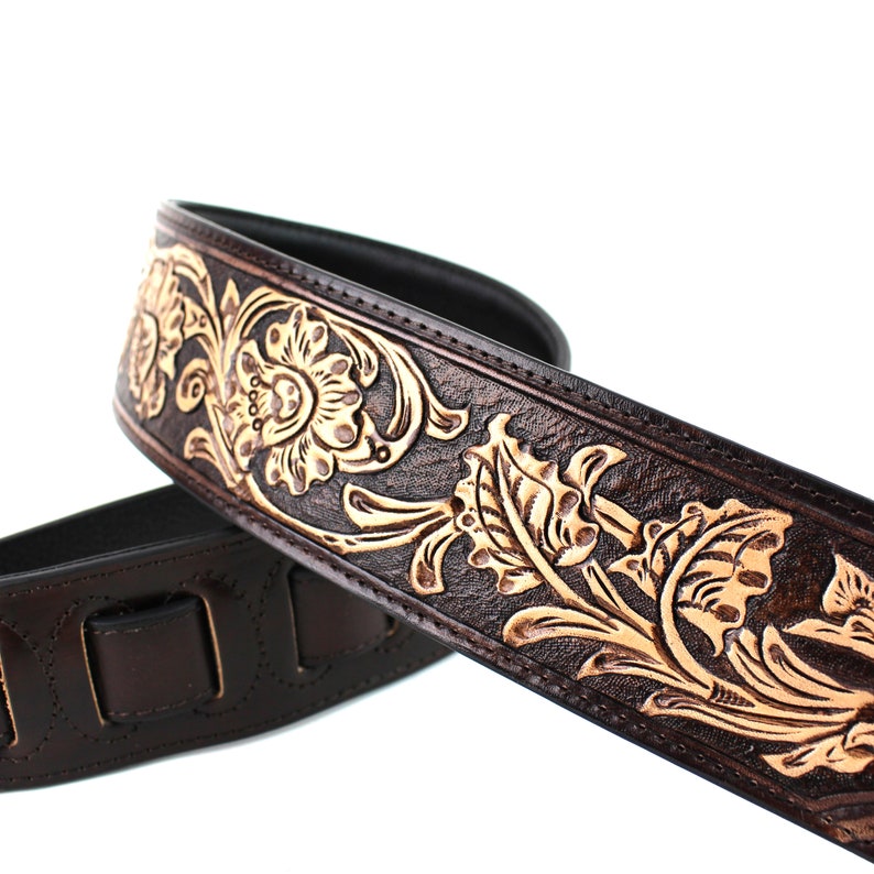 Walker And Williams KH-02-BRN-PR Carob Brown Carving Leather Top w/Tooled Floral Vine & Premium Leather Backing image 3