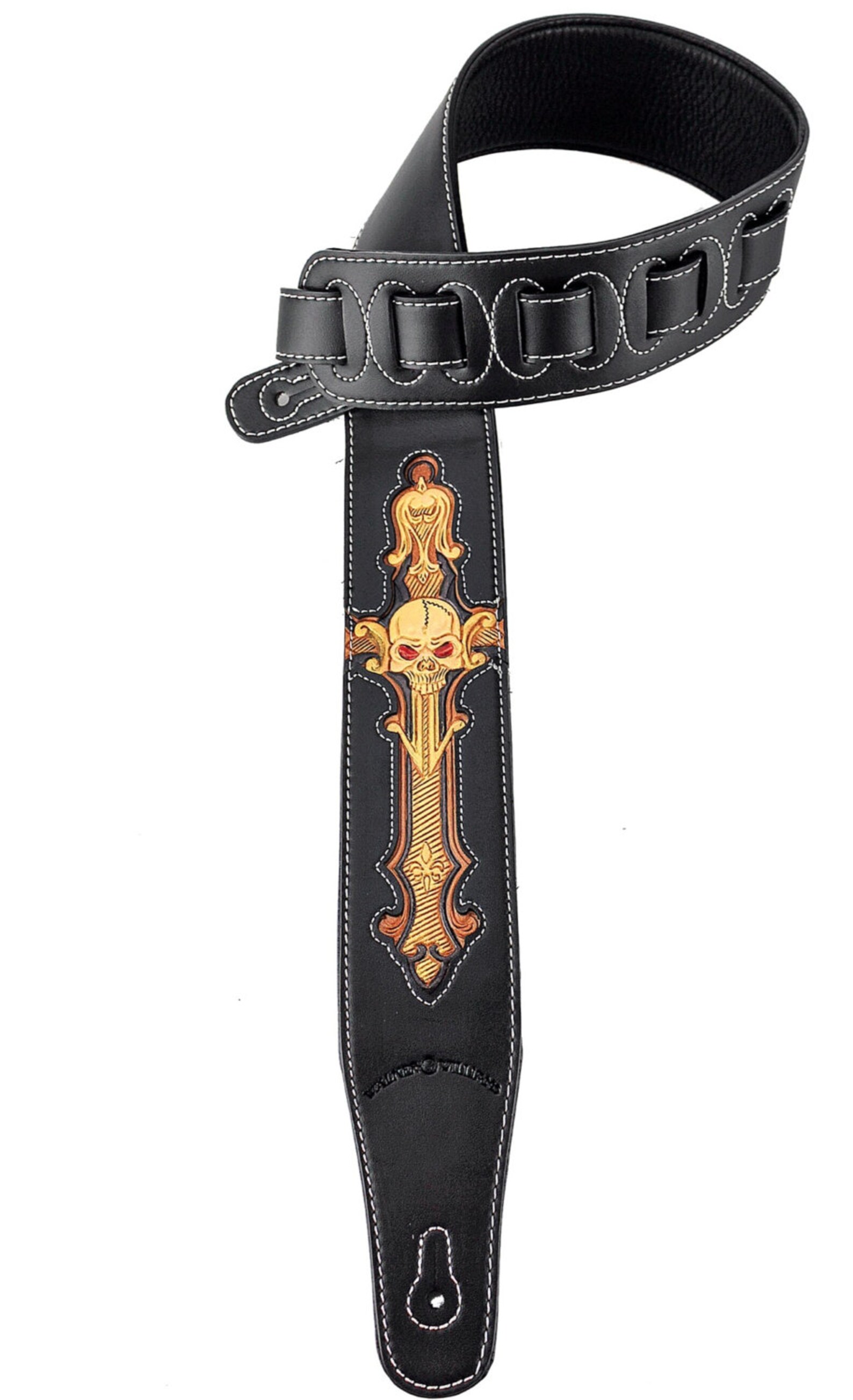 Black Leather Guitar Strap Hand Tooled Black and Gold Skull Etsy