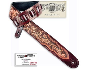 Walker and Williams KH-02-RB Red Bourbon Guitar Strap Premium Carving Leather Top With Tooled Floral Vine & Western Ends For All Guitars