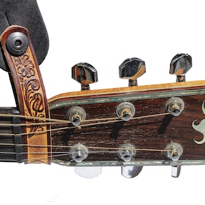 Acoustic Guitar, Mandolin or Uke Strap Headstock Adapter Tooled Brown Leather from Walker & Williams Leathers