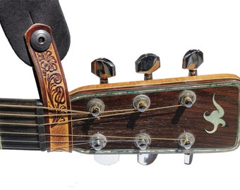 Acoustic Guitar, Mandolin or Uke Strap Headstock Adapter Tooled Brown Leather from Walker & Williams Leathers