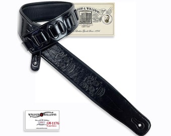 Walker & Williams GM-1176 Black On Black 2.5" Padded Guitar Strap with Embossed Fire Skulls For Acoustic, Electric, And Bass Guitars