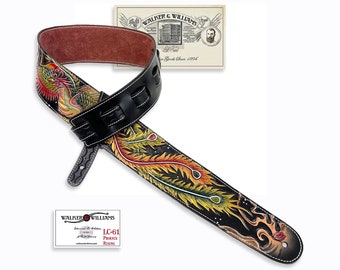 Handmade Leather Guitar Strap: Carved Phoenix Rising Design