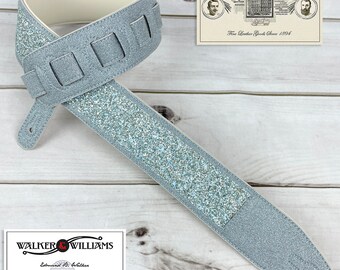 Walker And Williams GL-101 Sky Haze Silver Glitterbomb Padded Guitar Strap With White Glove Leather Back For All Guitars.