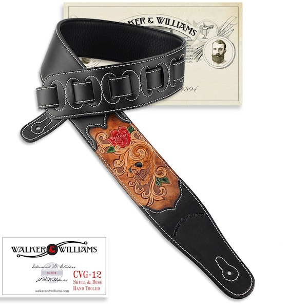 Grateful Skull & Red Rose Hand Tooled on Black Leather Guitar Strap Walker and Williams CVG-12