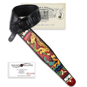Walker And Williams KB-53-RD Premium Black Guitar Strap With Carved Aztec Eagle On Red Leather For Acoustic, Electric, And Bass Guitars