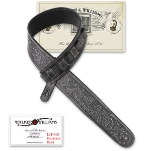 Black Weathered Leather Padded Guitar Strap with Overall Tooling Walker & Williams LIF-02 image 1