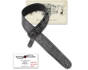 Black “Weathered" Leather Padded Guitar Strap with Overall Tooling Walker & Williams LIF-02