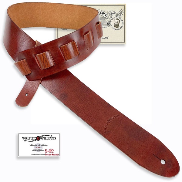 Walker & Williams S-02 Heavy Textured Whiskey Brown Full Grain Extra Thick Soft Italian Leather Rugged Finish Guitar Strap