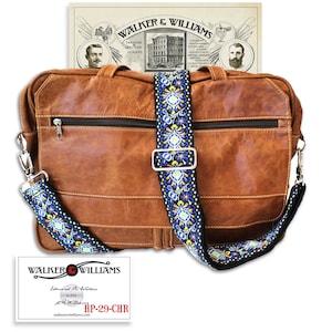 Walker And Williams HP-29-MET Woven Vintage Guitar Style Crossbody Purse Strap Blue and Gold & Brushed Crome Slider bild 1