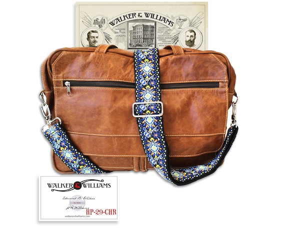 Walker And Williams HP-29-MET Woven Vintage Guitar Style Crossbody Purse Strap Blue and Gold & Brushed Crome Slider