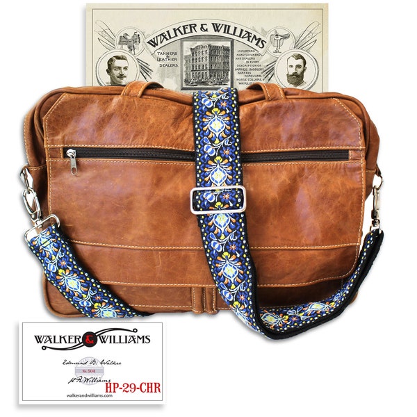 Walker And Williams HP-29-MET Woven Vintage Guitar Style Crossbody Purse Strap Blue and Gold & Brushed Crome Slider