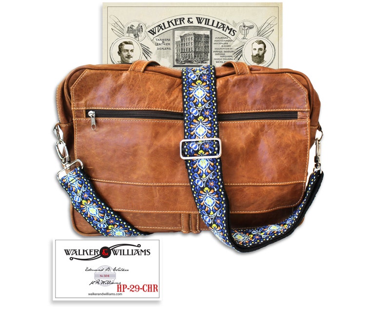 Walker And Williams HP-29-MET Woven Vintage Guitar Style Crossbody Purse Strap Blue and Gold & Brushed Crome Slider bild 1