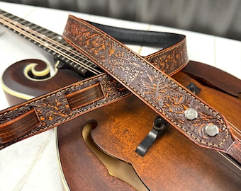 Walker And Williams M-21-BRN Bourbon Brown Leather Premium Padded Mandolin Strap With Sheridan Design For F And A Type Mandolins