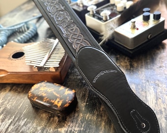 Walker And Williams KB-15 Midnight Black Strap With Graphite Gray Celtic Knot Full Grain Carving Leather Padded Guitar Strap For All Guitars