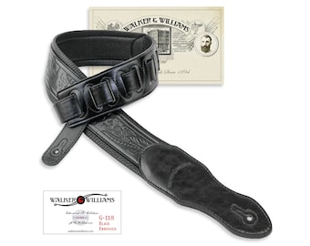 Black Padded Leather Guitar Strap with Embossed Western Tooling Walker & Williams G-118
