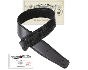 Walker & Williams G-907 Black Natural Finish Padded Leather Guitar Strap For Acoustic, Electric, And Bass Guitars