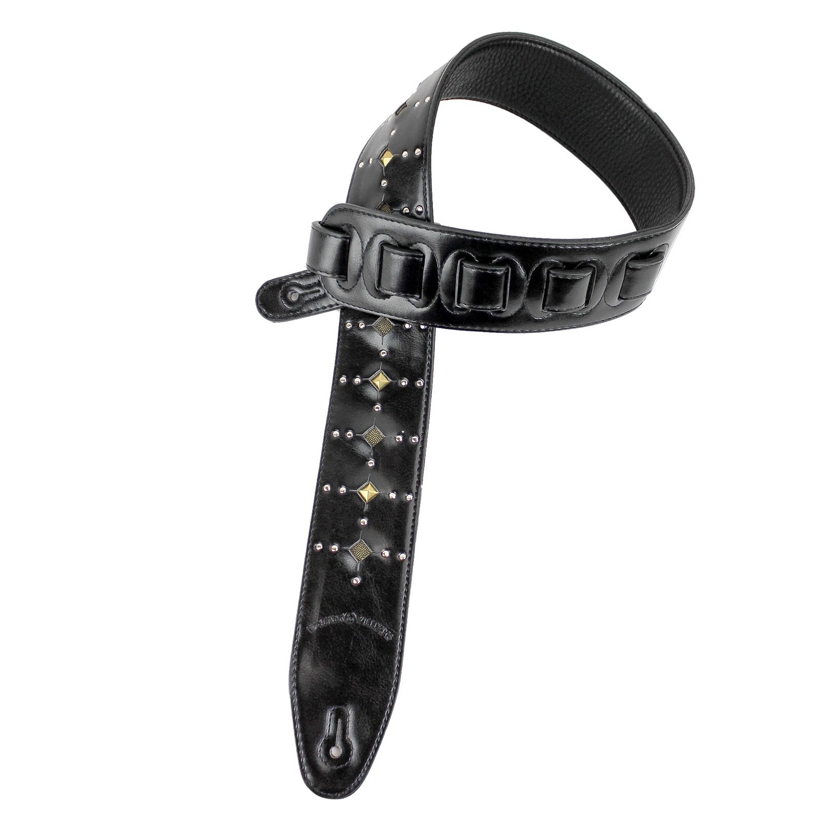 Black Leather Guitar Strap Inset Brass Studs and Silver Rivets Etsy