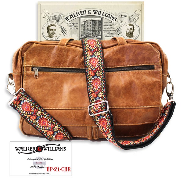 Walker And Williams HP-21-MET Woven Vintage Guitar Style Purse Strap with Red Hendrix Pattern & Brushed Crome Slider