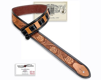 Walker And Williams LC-11 Handmade Premium Leather Guitar Strap with Hand Carved Live Oak Pattern And Peccary Backing For All Guitars