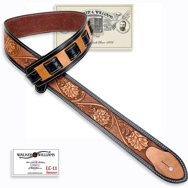 Walker And Williams LC-11 Handmade Premium Leather Guitar Strap with Hand Carved Live Oak Pattern And Peccary Backing For All Guitars