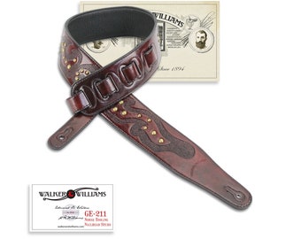 Mahogany Brown Leather Padded Guitar Strap with Celtic Tooling and Brass Studs Walker & Williams GE-211