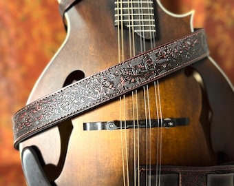 Walker And Williams M-21-RD Mahogany Red Leather Premium Padded Mandolin Strap With Western Sheridan Design For F And A Type Mandolins