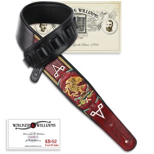 Walker And Williams KB-52-RD Black Strap w/Mexican Coat Of Arms Design On Scarlett Red Carved Leather
