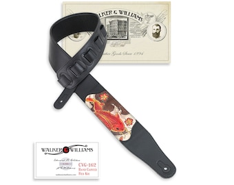 Hand Tooled Red Koi on Black Leather Padded Guitar Strap CVG-162