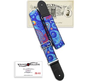 Walker And Williams JK-03 Vintage Modern Electric Blue And Red Paisley Design With Chrome Hardware And Leather Ends
