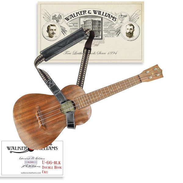 Walker & Williams U-66-BLK Handmade Ukulele Strap With Premium Grain Black Leather And Double Hook for Hands Use Free