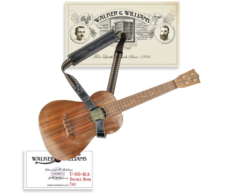 Walker & Williams U-66-BLK Handmade Ukulele Strap With Premium Grain Black Leather And Double Hook for Hands Use Free image 1