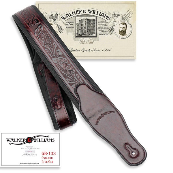 Oxblood Brown Padded Leather Strap with Live Oak Tooling Pattern Walker & Williams GB-103