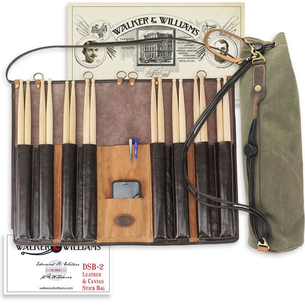 Walker & Williams DSB-2 Premium Leather Drum Stick Bag with Heavy Canvas Carrying Case