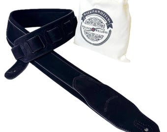 Walker & Williams NL-04-BLK New Black on Black "Skinny" 2" Super Soft Full Grain Nubuck Leather Guitar Strap