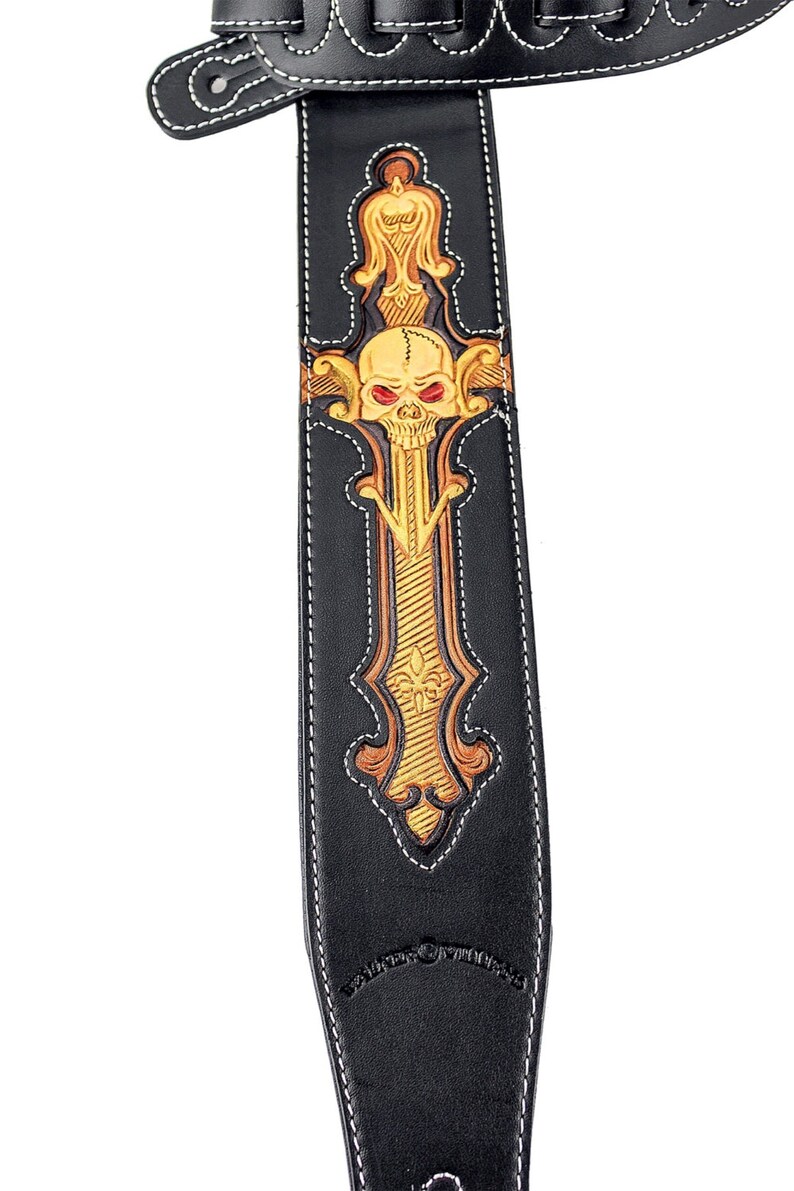 Black Leather Guitar Strap Hand Tooled Black and Gold Skull Etsy