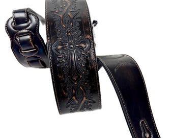 Walker & Williams LIP-07 Dark Bourbon Brown Carved Leather Spade Cut Guitar Strap with Tooled Cross and Thorns For All Guitars