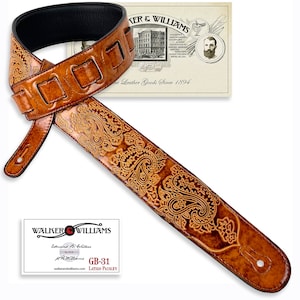 Walker And Williams GB-31 Latigo Tan Padded Leather Strap with Vintage Paisley Pattern Guitar Strap For Acoustic, Electric, And Bass Guitars
