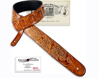 Walker And Williams GB-31 Latigo Tan Padded Leather Strap with Vintage Paisley Pattern