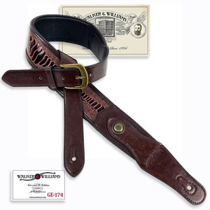 Walker & Williams GE-174 Walnut Brown Leather Padded Guitar Strap with Brass Buckle and Conchos For Acoustic, Electric, And Bass Guitars
