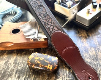 Walker And Williams KB-07 Walnut Brown Body With Black Art Celtic Knot Full Grain Carving Leather Padded Guitar Strap For All Guitars