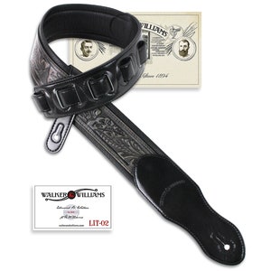 Walker And Williams LIT-02  Handmade Black Leather Guitar Strap With Distressed Live Oak Design For Acoustic, Electric, And Bass Guitars
