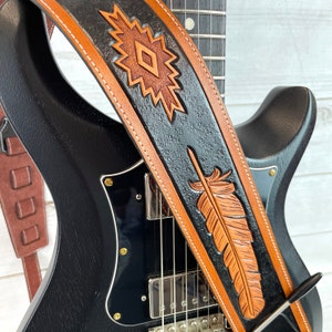 Walker And Williams LCT-21 Handmade And Tooled Black And Tan Super Premium Leather Guitar Strap with Native Feather & Eagle And Peccary Back