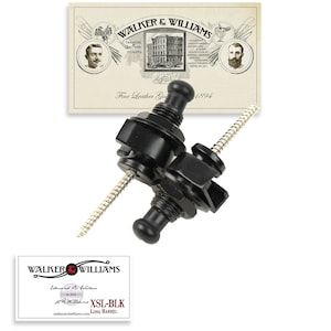 May include: Two black guitar strap locks with long barrels and silver screws. The strap locks are labeled "XSL-BLK Long Barrel" and "Walker & Williams".