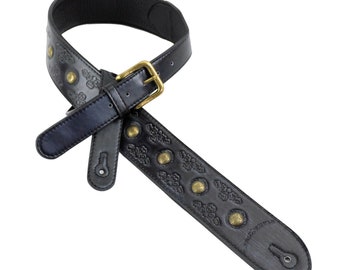 Antique Black Leather Padded Guitar Strap with Brass Coin Studs Walker & Williams GE-206