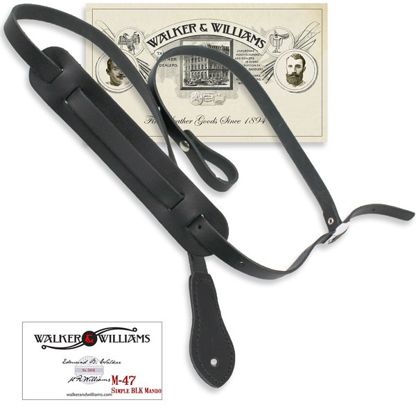 Walker And Williams M-47 Simple Black Shoulder Pad Grain Leather Mandolin, Mandola, Bouzouki or Uke Strap