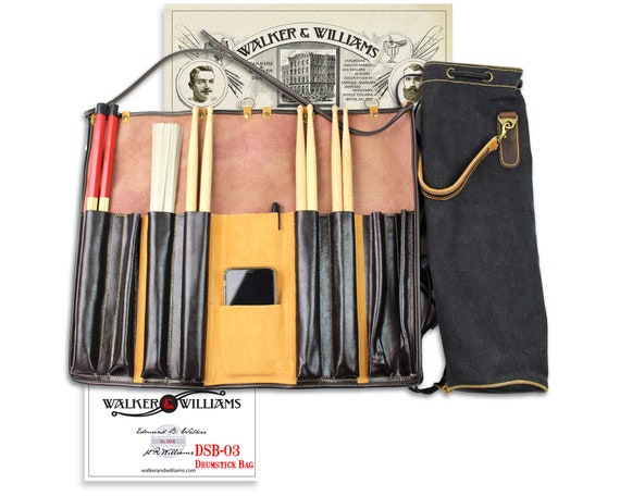 Walker And Williams DSB-3 Leather Drum Stick Roll with Heavy Black Canvas Carrying Bag