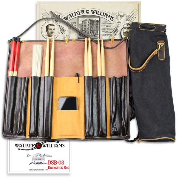 Walker And Williams DSB-3 Leather Drum Stick Roll with Heavy Black Canvas Carrying Bag